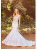 V Neck Beaded Ivory Lace Satin Wedding Dress